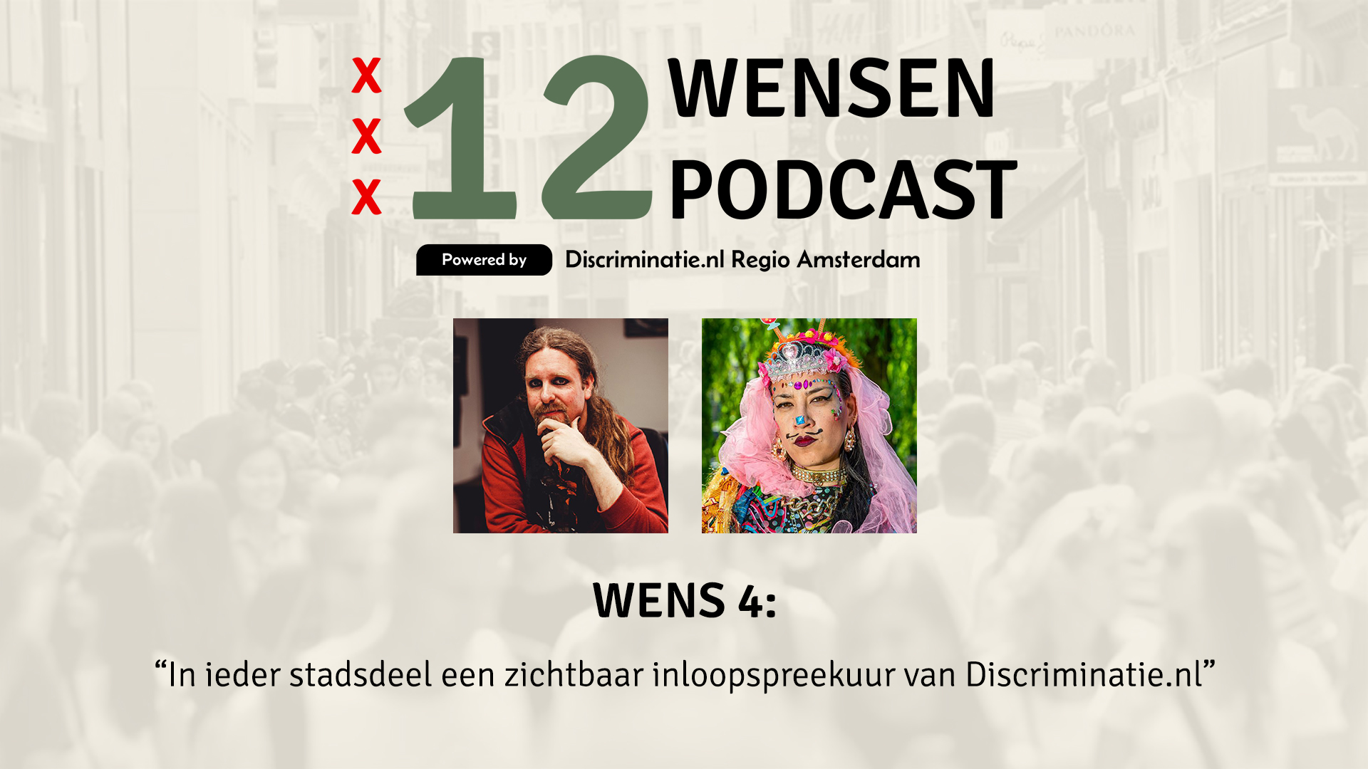 Thumbnail 12 Wensen Podcast, wens 4: in ieder stadsdeel een zichtbaar inloopspreekuur van Discriminatie.nl. Met host Tom de Wit en gast Aynouk Tan.